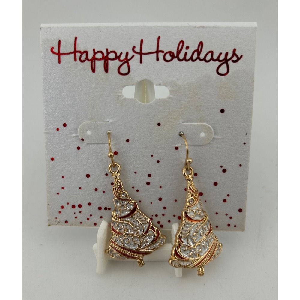 Dangle Christmas Tree Earrings‎ Rhinestone Gold Tone Holiday Dangles